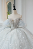 Timeless Bridal Gown Ball Gown Off The Shoulder Light Sky Blue Sequin Long White Wedding Dresses Elegant Bridal Gowns HZ1121