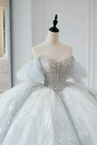 Timeless Bridal Gown Ball Gown Off The Shoulder Light Sky Blue Sequin Long White Wedding Dresses Elegant Bridal Gowns HZ1121