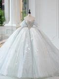 Timeless Bridal Gown Ball Gown Off The Shoulder Light Sky Blue Sequin Long White Wedding Dresses Elegant Bridal Gowns HZ1121
