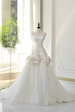 Timeless Bridal Gown Ball Gown Strapless Satin Flowers Sleeveless Long White Wedding Dresses Elegant Bridal Gowns HZ1121