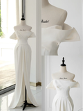 Timeless Bridal Gown Sheath Off The Shoulder Satin Short Sleeves Wedding Dresses Elegant Bridal Gowns HZ1121