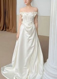 Timeless Bridal Gown A Line Off The Shoulder Satin Short Sleeves Wedding Dresses Elegant Bridal Gowns HZ1121