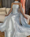 Elegant Mermaid Strapless Light Sky Blue Satin Long Prom Dresses Party Dress Summer 20th Birthday Outfits 18th Birthday Dresses HZ1121