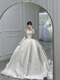 Timeless Bridal Gown Ball Gown Strapless White Sleeveless Satin Long Wedding Dresses Elegant Bridal Gowns HZ1121