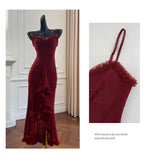 Elegant High Low Spaghetti Straps Burgundy Sleeveless Long Evening Party Gowns Evening Formal Dresses Prom Dress HZ1121