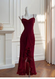 Elegant High Low Spaghetti Straps Burgundy Sleeveless Long Evening Party Gowns Evening Formal Dresses Prom Dress HZ1121