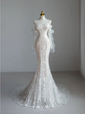 Simple Bridal Gown Mermaid Off The Shoulder White Long Sleeves Lace Wedding Dresses Elegant Bridal Gowns HZ1121