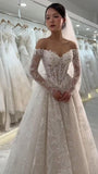 Timeless Bridal Gown Ball Gown Off The Shoulder White Lace Appliques Long Sleeves Wedding Dresses Elegant Bridal Gowns HZ1121