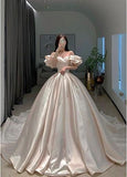 Timeless Bridal Gown Ball Gown Off The Shoulder Light Pink Long Pleated Satin Wedding Dresses Elegant Bridal Gowns HZ1121