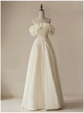 Timeless Bridal Gown A line Off The Shoulder White Long Pleated Satin Wedding Dresses Elegant Bridal Gowns HZ1121
