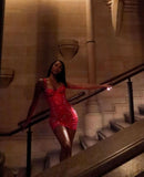 Pretty Sheath Spaghetti Straps Sleeveless Red Sequin Short Mini Formal 8th Grade Homecoming Dresses Summer Middle School Hoco Dress Homecoming Outfits HZ1121
