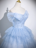 Cute Off-shoulder Ball Gown Tulle Sequined Long Prom Dress Sweet Ice Blue Quinceanera Dress HZ1121