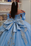 Classy Off-the-Shoulder Ball Gown Tulle Applique Quinceanera Dresses Blue Sweet 16 Dress HZ1121