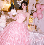 Cute Strapless Ball Gown Tiered Tull Long Prom Dress, Pink Sweet 16 Dress HZ1121