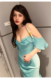 Sexy Off-the-shoulder Mermaid Satin Chiffon Long Prom Dresses, Blue Formal Evening Dresses HZ1121