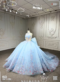 Gorgeous Halter Ball Gown Tulle Beaded Applique Long Prom Dresses, Pale Blue Quinceanera Dresses HZ1121