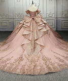 Gorgeous Off-the-Shoulder Ball Gown Tulle Beaded Applique Long Prom Dresses, Peach Quinceanera Dresses HZ1121