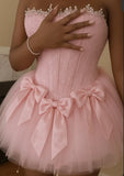 Sexy Ball Gown Strapless White Tulle Short Summer Birthday Dress Hoco Dress Birthday Outfit 18th Birthday Mini Party Dresses HZ1121