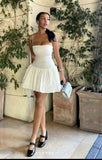 Cute A line Spaghetti Straps White Satin Short Summer Birthday Dress Hoco Dress Birthday Outfit 23rd Birthday Mini Party Dresses HZ1121