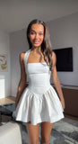 Sexy A Line Halter White Satin Short Summer Birthday Dress Hoco Dress Birthday Outfit 16th Birthday Mini Party Dresses HZ1121