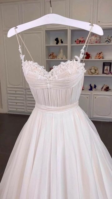 Classic Bridal Gown A Line Spaghetti Straps Tulle White Wedding Dresses Minimalist Bridal Gowns HZ1121