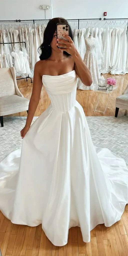 Classic Bridal Gown A Line Sweetheart Satin White Wedding Dresses Minimalist Bridal Gowns HZ1121