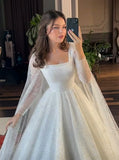 Ethereal Wedding Dress Ball Gown Square Neck Long Sleeves Sequin White Wedding Dresses Bridal Gowns HZ1121