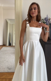 Classic Bridal Gown A line Square Satin White Summer Wedding Dresses Minimalist Bridal Gowns HZ1121