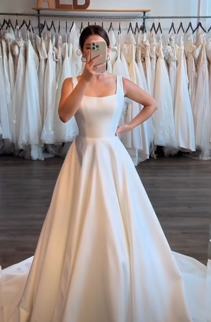 Classic Bridal Gown A line Square Satin White Summer Long Wedding Dresses Minimalist Bridal Gowns HZ1121