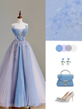 Elegant Glamour Ball Gown Strapless Blue Tulle Long Prom Dresses Party Dress Evening Dress HZ1121