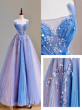 Elegant Glamour Ball Gown Strapless Blue Tulle Long Prom Dresses Party Dress Evening Dress HZ1121