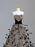 Elegant Glamour Ball Gown Strapless Black Sequin Long Prom Dresses Party Dress Evening Dress HZ1121