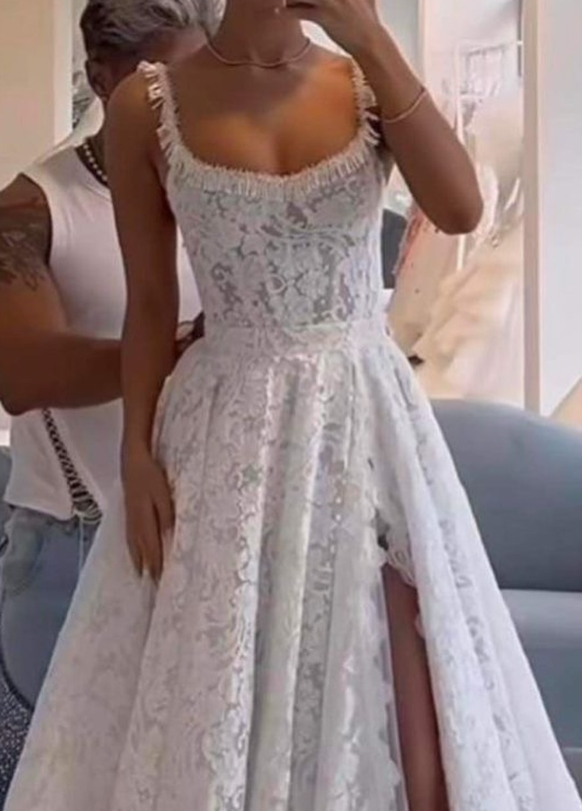 Classic Bridal Gown A line Square Lace White Summer Long Wedding Dresses Minimalist Bridal Gowns HZ1121