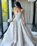 Pretty Wedding Dress Ball Gown Square Neck Lace White Wedding Dresses Bridal Gowns HZ1121
