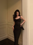 Modest Sheath Spaghetti Straps Black Satin 21st Birthday Dress Party Gown Birthday Outfits Birthday Dress Ideas For Women HZ1121