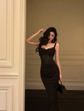 Modest Sheath Spaghetti Straps Black Satin 21st Birthday Dress Party Gown Birthday Outfits Birthday Dress Ideas For Women HZ1121