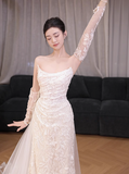 Classic Bridal Gown Sheath Strapless Long Sleeves Lace White Wedding Dresses Minimalist Bridal Gowns HZ1121
