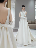 Classic Bridal Gown A line Scoop Satin White Wedding Dresses Minimalist Bridal Gowns HZ1121