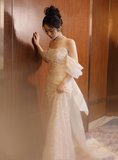 Classic Bridal Gown Mermaid Off The Shoulder Sequin White Wedding Dresses Minimalist Bridal Gowns HZ1121