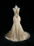 Vintage A Line Halter Chiffon Champagne Long Prom Dress Party Dress Evening Dresses HZ1121