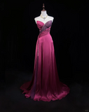 Vintage A Line Sweetheart Pink Slit Satin Long Prom Dress Party Dress Evening Dresses HZ1121