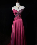 Vintage A Line Sweetheart Pink Slit Satin Long Prom Dress Party Dress Evening Dresses HZ1121