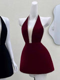 Cute A line Halter Burgundy Short Summer Birthday Dress Hoco Dress Birthday Outfit 23rd Birthday Mini Party Dresses HZ1121