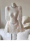 Cute A line Sweetheart Short Long Sleeves Lace White Summer Birthday Dress Hoco Dress Mini Birthday Outfit 23rd Birthday Party Dresses HZ1121