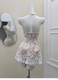 Cute A line Halter Short Satin Ivory Summer Birthday Dress Hoco Dress Mini Birthday Outfit 23rd Birthday Party Dresses HZ1121