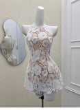 Cute A line Halter Short Satin Ivory Summer Birthday Dress Hoco Dress Mini Birthday Outfit 23rd Birthday Party Dresses HZ1121