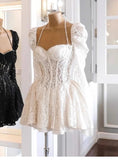 Cute A line Sweetheart Short Long Sleeves Lace White Summer Birthday Dress Hoco Dress Mini Birthday Outfit 21st Birthday Party Dresses HZ1121