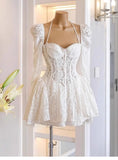 Cute A line Sweetheart Short Long Sleeves Lace White Summer Birthday Dress Hoco Dress Mini Birthday Outfit 21st Birthday Party Dresses HZ1121