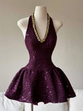 Cute A line Halter Grape Sequin Short Summer Birthday Dress Hoco Dress Mini Birthday Outfit 23rd Birthday Party Dresses HZ1121