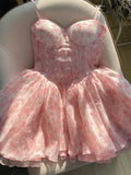 Cute Ball Gown Spaghetti Straps Floral Short Summer Birthday Dress Hoco Dress Mini Birthday Outfit 23rd Birthday Party Dresses HZ1121